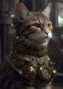 Portrait of a futuristic steampunk cat. A cyberpunk cat in the future in a fantasy world.