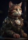 Portrait of a futuristic steampunk cat. A cyberpunk cat in the future in a fantasy world.