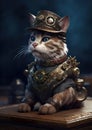 Portrait of a futuristic steampunk cat. A cyberpunk cat in the future in a fantasy world.