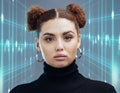 Portrait, futuristic and woman with holographic, ai and innovation for digital connection, technology or intelligence