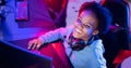 Portrait Gamer African American beautiful woman play online games computer, streamer neon room banner