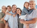 Portrait, generations and big family on beach together, smile and summer vacation travel to tropical island. Men, women Royalty Free Stock Photo