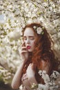 Portrait of A gentle woman with long red hair in a blooming spring garden. Red-haired sensual girl with pale skin and Royalty Free Stock Photo
