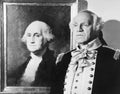 Portrait of George Washington with an impersonator next to the image