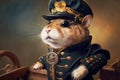 portrait of gerbil dressed as a sea captain at the helm
