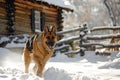 Portrait of German shepherd dog in snow in front of log cabin. Generative AI Royalty Free Stock Photo