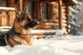 Portrait of German shepherd dog in snow in front of log cabin. Generative AI Royalty Free Stock Photo