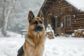 Portrait of German shepherd dog in snow in front of log cabin. Generative AI Royalty Free Stock Photo