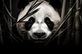 Portrait of Giant panda bear in bamboo forest, black and white tone, Face of a panda chewing on bamboo, AI Generated Royalty Free Stock Photo