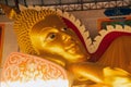 A portrait of the gigantic golden statue of the reclining Buddha, Ranong , Thailand.