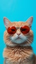 Portrait of a ginger cat wearing sunglasses on a blue background.