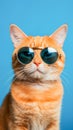 Portrait of a ginger cat wearing sunglasses on a blue background.