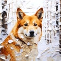 portrait of a ginger dog on a background of scraps of paper