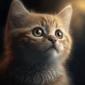 A portrait of a ginger kitten with amber eyes on a black background. Created with Generative AI