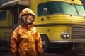 Portrait of a ginger tabby cat, wearing a yellow hazmat suit and standing next to a small RV, Cat as Breaking bad character Royalty Free Stock Photo