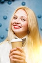 Portrait ginger woman laughing on background of wall, closeup Royalty Free Stock Photo