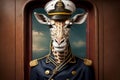 portrait of giraffe dressed as a sea captain at the helm