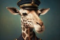 portrait of giraffe dressed as a sea captain at the helm