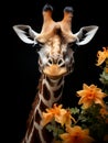 Portrait of a giraffe (Giraffa sp.) with flowers and floral arrangements