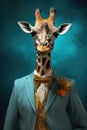 Portrait of giraffe in human clothing. Antropomorphic animal. Generative AI