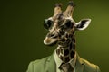 Giraffe with sunglasses wearing suit and tie on solid green background. Generative AI