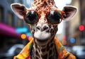 Portrait of giraffe wearing glasses. Glamorous fashion concept. Unreal and futuristic. AI generated