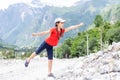 portrait of a girl against the panorama of the Alps Royalty Free Stock Photo