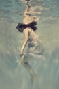 Portrait Of A Girl In A Blue Dress Floating Underwater