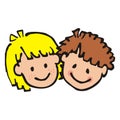 Portrait of girl and boy, colored doodle. Smile face of children. Contour drawing. Royalty Free Stock Photo