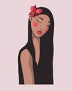 Portrait of a girl in a cartoon style with a pink orchid in black hair. Royalty Free Stock Photo