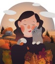 Portrait of a girl with a cat. Characters on the background of a landscape at sunset with a village.