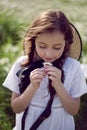 Portrait girl child in a white dress standing Royalty Free Stock Photo