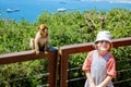 Portrait of a girl closely watching a Gibraltar monkey in the wild on a sunny day. Happy excited child with animal. Royalty Free Stock Photo