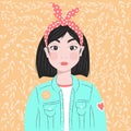 Portrait of a girl with dark hair and hair band, in denim jacket, on yellow background with wild flowers, flat vector
