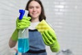 Portrait of girl doing cleaning in bathroom Royalty Free Stock Photo