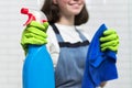 Portrait of girl doing cleaning in bathroom Royalty Free Stock Photo