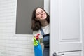 Portrait of girl doing cleaning in bathroom Royalty Free Stock Photo