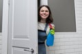 Portrait of girl doing cleaning in bathroom Royalty Free Stock Photo