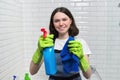 Portrait of girl doing cleaning in bathroom Royalty Free Stock Photo