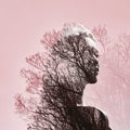 Portrait of a girl with double exposure against a tree crown. De Royalty Free Stock Photo