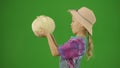Portrait of girl in dress and rubber boots on chroma key green screen. Small cute girl gardener holding big cabbage in