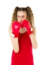 Portrait of girl fighting in red boxing gloves Royalty Free Stock Photo