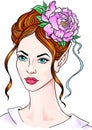 Portrait of a girl with a flower in her hair. Beautiful woman with a peony in her hair. Hairstyle with peonies