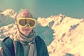 Portrait of a girl in front of a snowy mountainscape, vintage Royalty Free Stock Photo