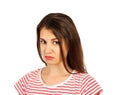 Portrait of girl frown her face in displeasure. emotional girl isolated on white background Royalty Free Stock Photo