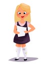 Portrait of girl get perfect test results with A plus. paper the top grade. Vector flat illustration.