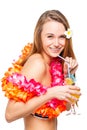 Portrait of a girl with a glass of cocktail in a Hawaiian Royalty Free Stock Photo