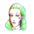 Portrait girl with green hair drawing picture illustration colored pencils simple pencil cheekbones flower yellow eyes turquoise l