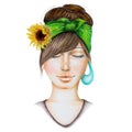 Portrait of a girl with a green kerchief and yellow sunflower on her hair Royalty Free Stock Photo