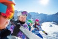 Portrait of girl in a group with ski friends Royalty Free Stock Photo